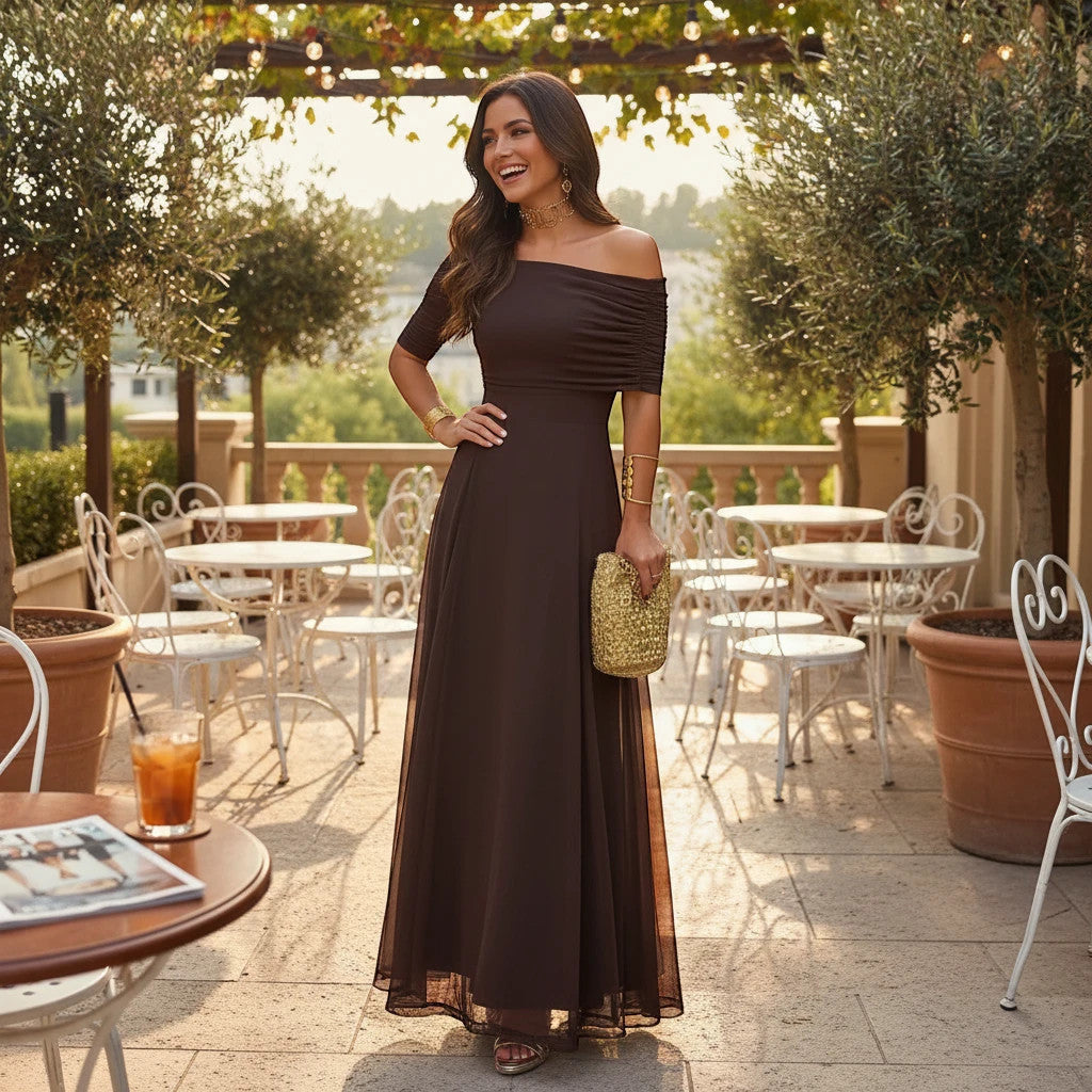 ZOFIA ATELIER off-shoulder sheer maxi dress in dark brown, made of stretch polyester with a high waist.