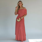ZOFIA ATELIER coral off-shoulder sheer maxi dress with ruched bodice and high waist, made of stretch polyester.