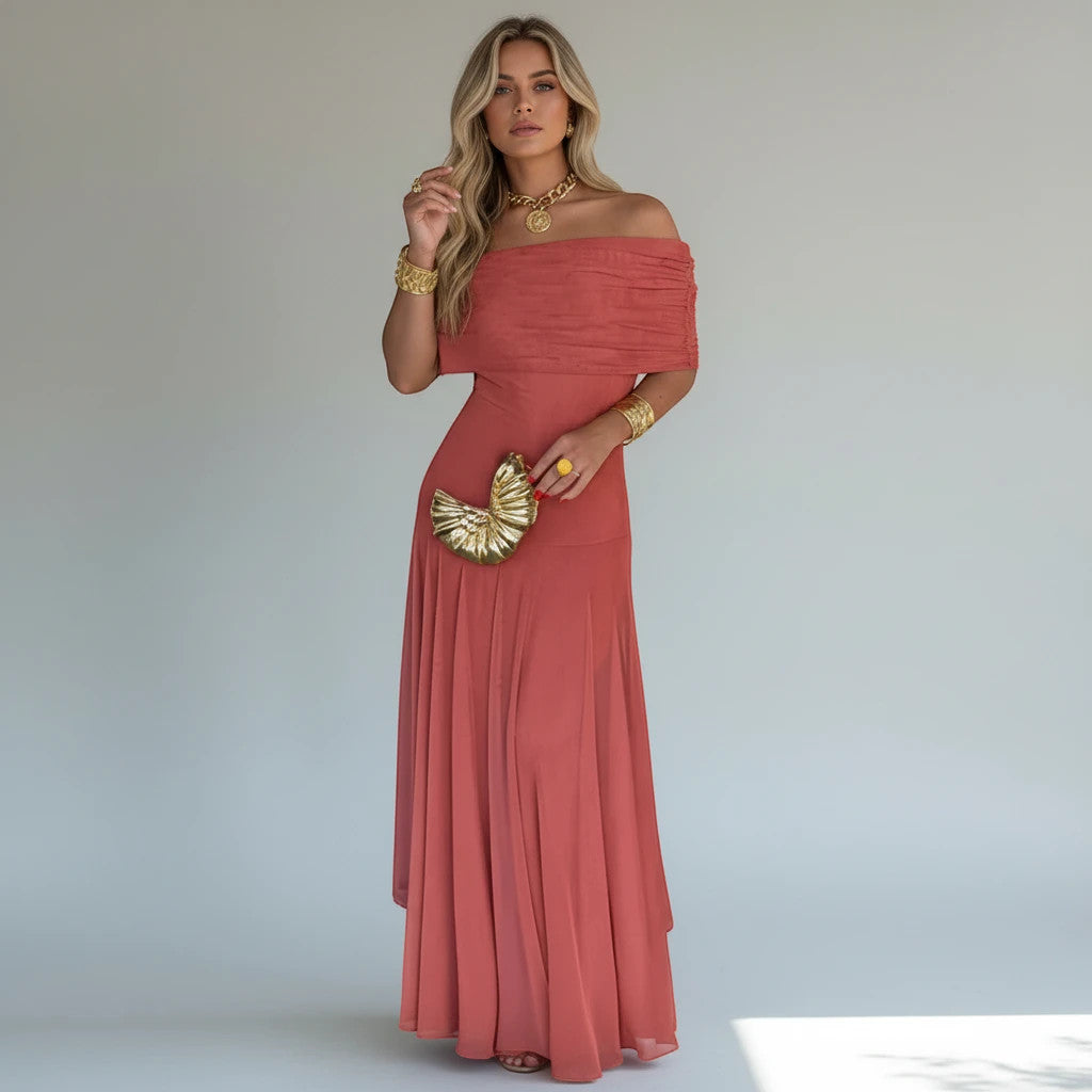 ZOFIA ATELIER coral off-shoulder sheer maxi dress with ruched bodice and high waist, made of stretch polyester.