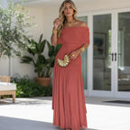 ZOFIA ATELIER off-shoulder sheer maxi dress in coral, made of stretch polyester with a high waist.