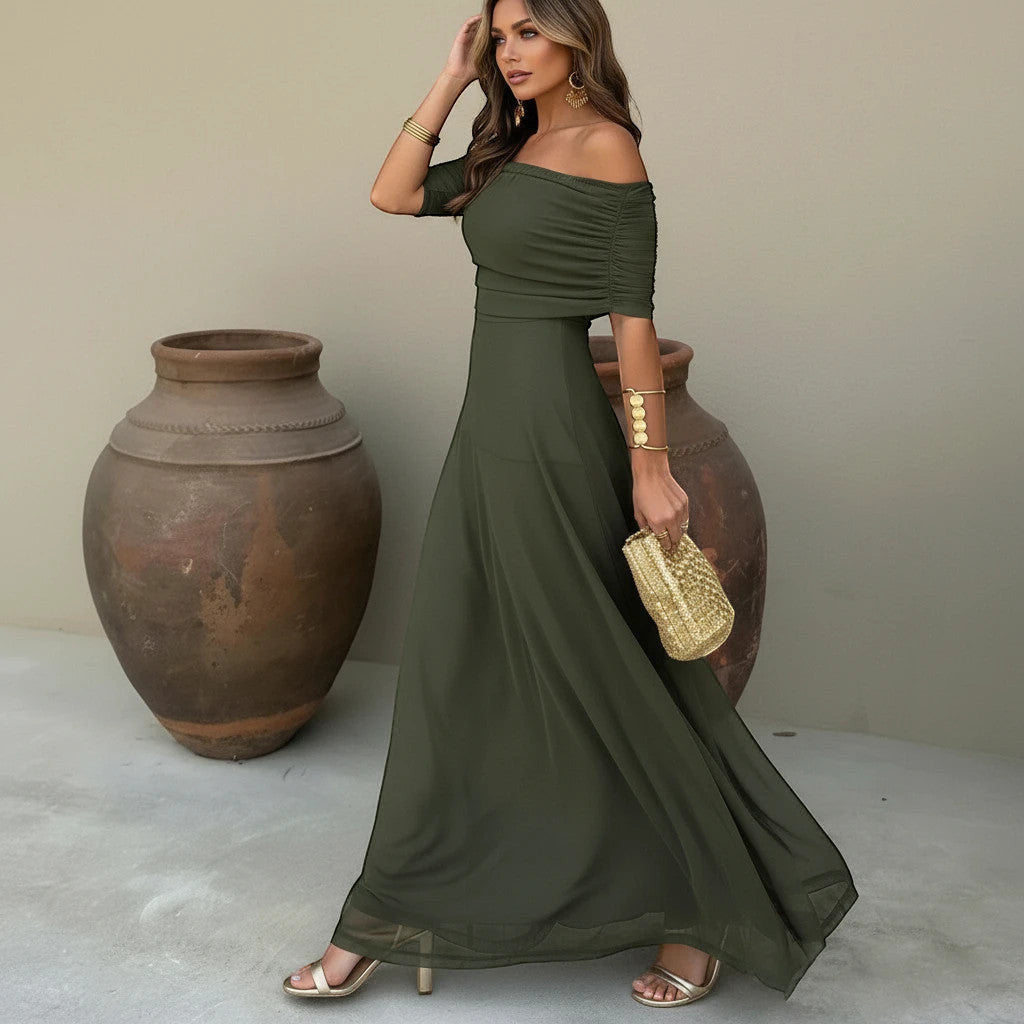 ZOFIA ATELIER olive green off-shoulder maxi dress with ruched detail and high waist, made of stretch polyester.