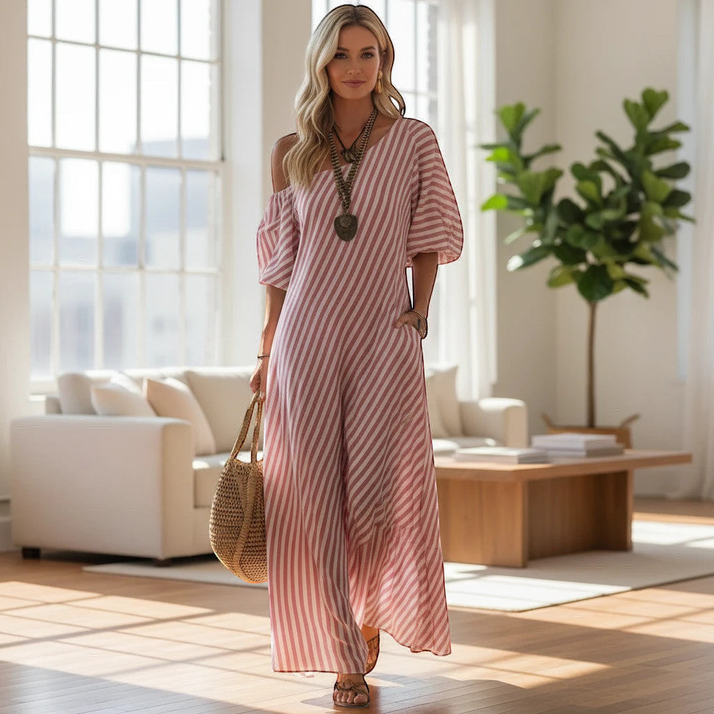 ZOFIA ATELIER off-shoulder maxi dress in pink and white stripes, made of polyester, with short sleeves and pockets.