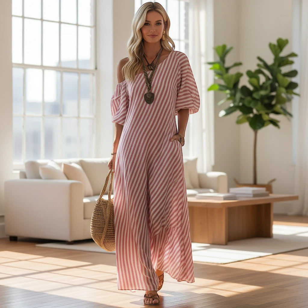 ZOFIA ATELIER off-shoulder maxi dress in pink and white stripes, made of polyester, with short sleeves and pockets.