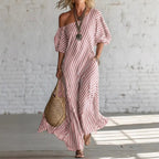 ZOFIA ATELIER off-shoulder maxi dress in pink and white stripes, made of polyester, with short sleeves and pockets.