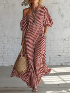 ZOFIA ATELIER off-shoulder maxi dress in red and white stripes, made of polyester, with short sleeves and pockets.