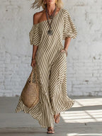 ZOFIA ATELIER off-shoulder maxi dress in olive green and cream stripes, made of polyester. Features short sleeves and a flowing silhouette.