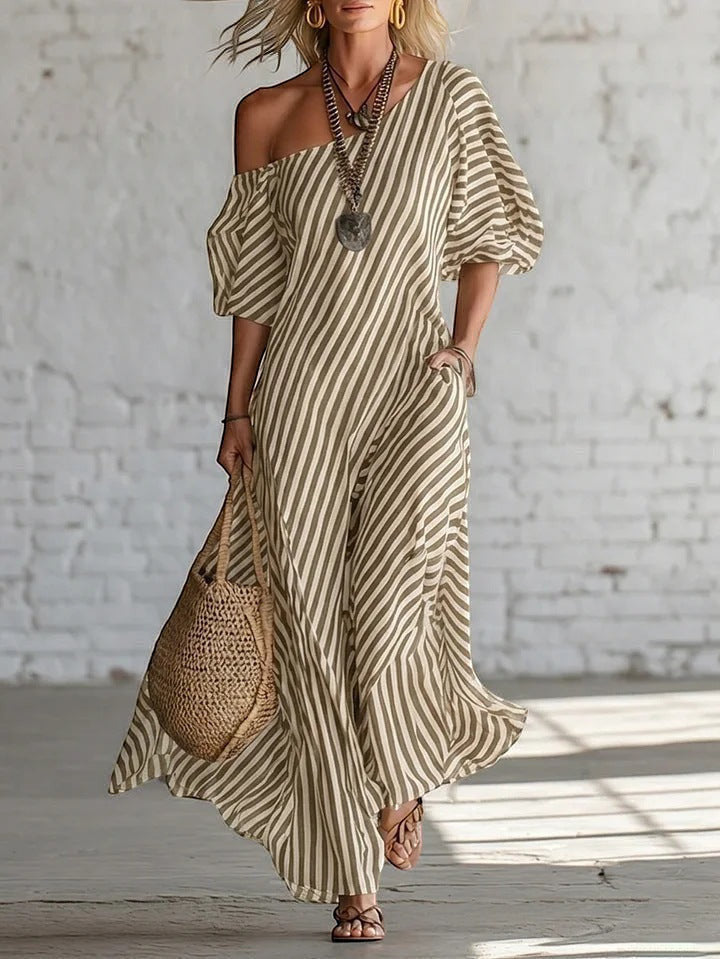 ZOFIA ATELIER off-shoulder maxi dress in olive green and cream stripes, made of polyester. Features short sleeves and a flowing silhouette.