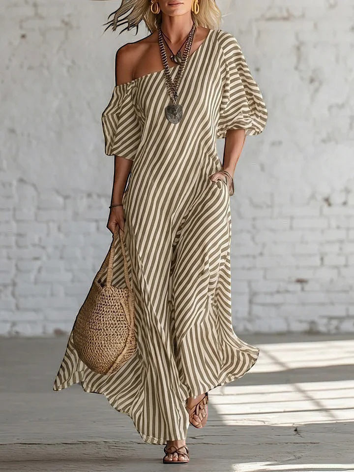 ZOFIA ATELIER off-shoulder maxi dress in olive green and cream stripes, made of polyester. Features short sleeves and a flowing silhouette.