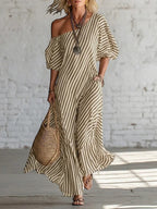 ZOFIA ATELIER off-shoulder maxi dress in olive green and cream stripes, made of polyester. Features short sleeves and a flowing silhouette.