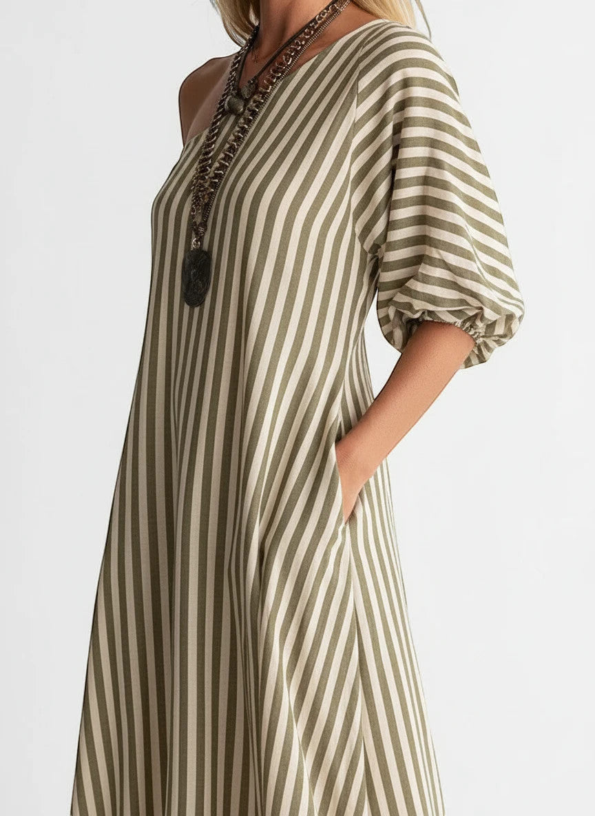 ZOFIA ATELIER off-shoulder maxi dress in green and beige stripes, made of polyester, with puffed sleeves and pockets.