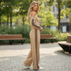 ZOFIA ATELIER Roksana off-shoulder beige polyester set with black stripes on sleeves and pants.