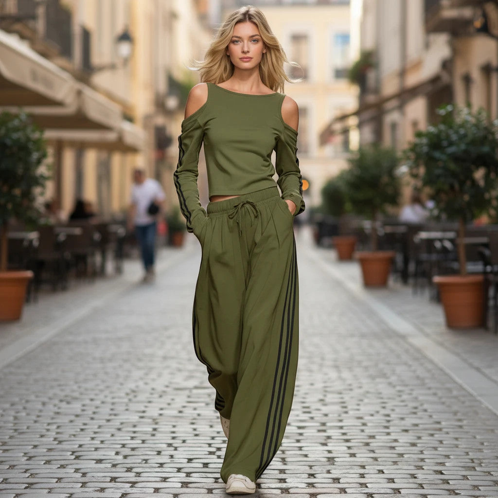 ZOFIA ATELIER olive green polyester off-shoulder long sleeve top and wide-leg pants set with black stripe detail.