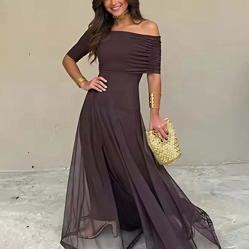 ZOFIA ATELIER off-shoulder sheer maxi dress in dark brown, made of stretch polyester with a high waist.