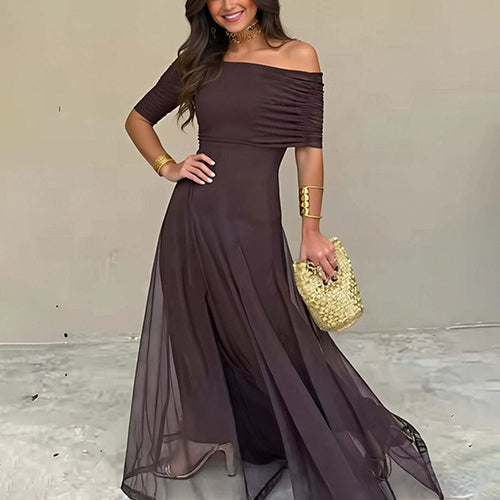 ZOFIA ATELIER off-shoulder sheer maxi dress in dark brown, made of stretch polyester with a high waist.