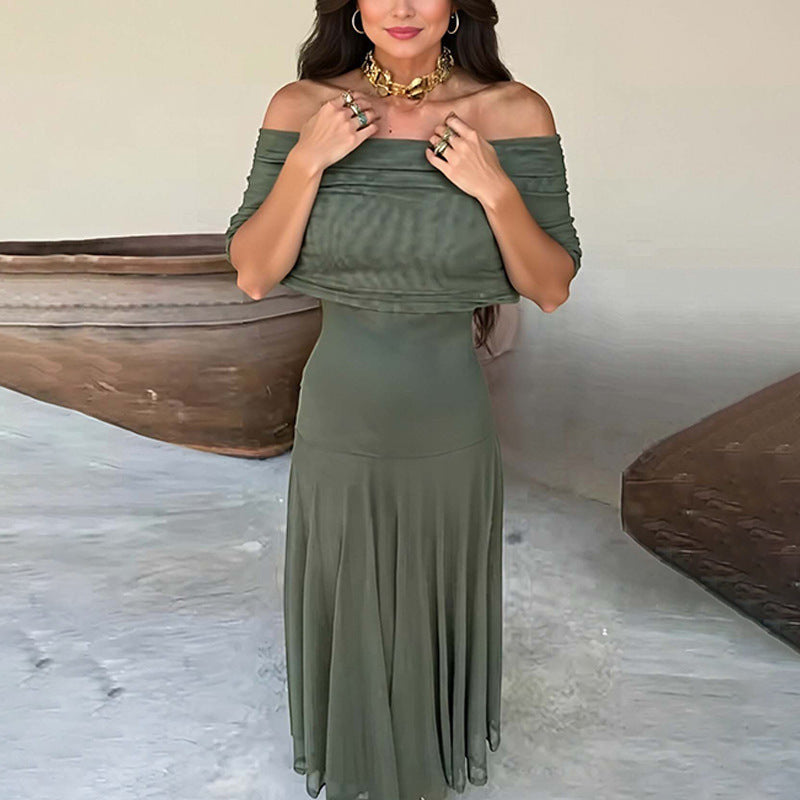 ZOFIA ATELIER olive green off-shoulder sheer maxi dress with high waist and short sleeves, made of stretch polyester.