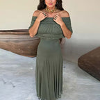 ZOFIA ATELIER olive green off-shoulder sheer maxi dress with high waist and short sleeves, made of stretch polyester.