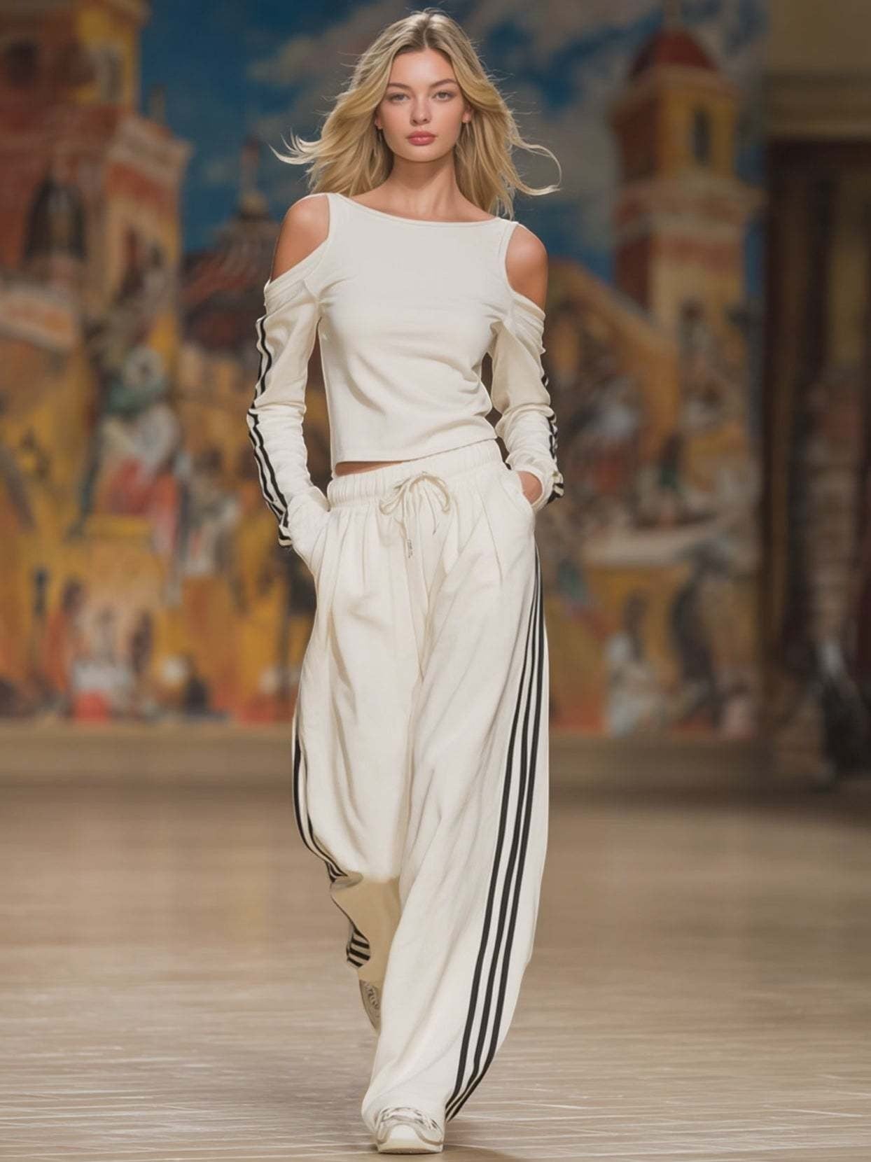 ZOFIA ATELIER off-shoulder white polyester long sleeve top with black side stripes and matching wide-leg pants.