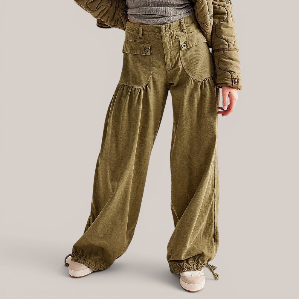 ZOFIA ATELIER loose mid-waist olive green cotton jeans with ruched pockets and drawstring ankles.