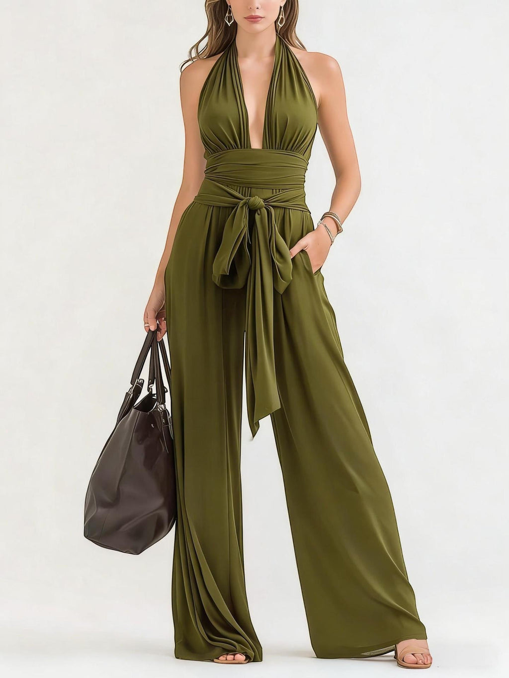 ZOFIA ATELIER olive green halter-neck wide-leg jumpsuit with tie waist and deep V-neck. Polyester.