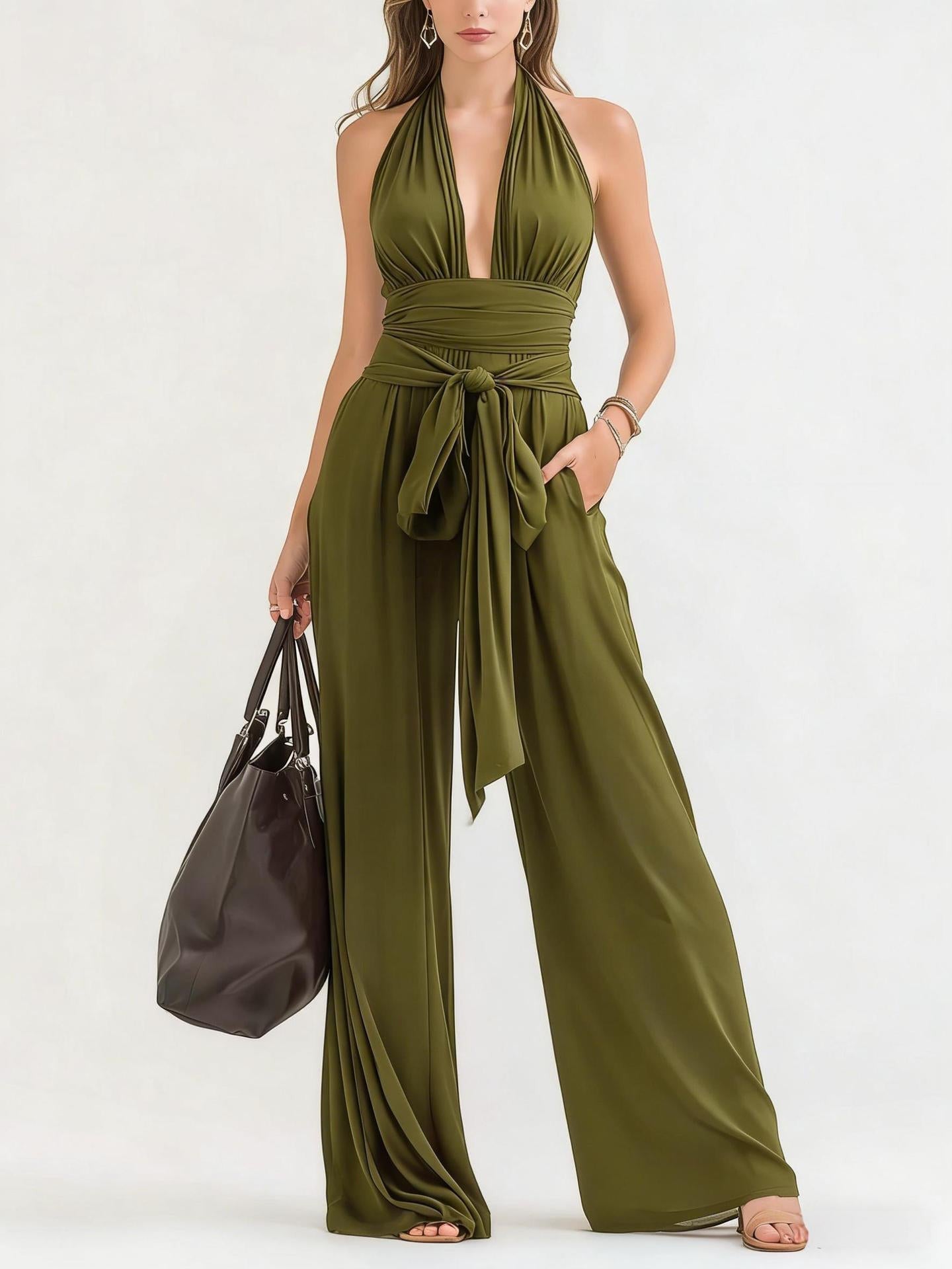 ZOFIA ATELIER olive green halter-neck wide-leg jumpsuit with tie waist and deep V-neck. Polyester.