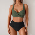 ZOFIA ATELIER olive green twisted bust high-waist bikini with ruched black bottoms