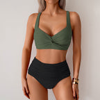 ZOFIA ATELIER olive green twisted bust high-waist bikini with ruched black bottoms