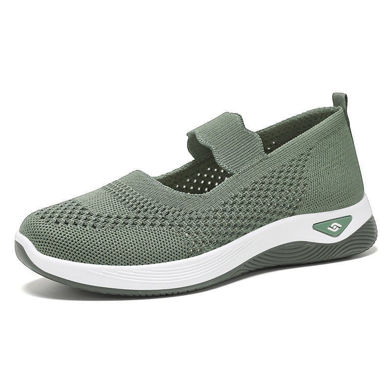 ZOFIA ATELIER olive green knit walking shoes with white sole and hook-and-loop strap.