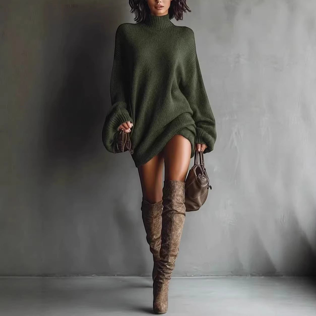 ZOFIA ATELIER olive green knitted dress with lantern sleeves and mock neck, loose fit, deer velvet material.