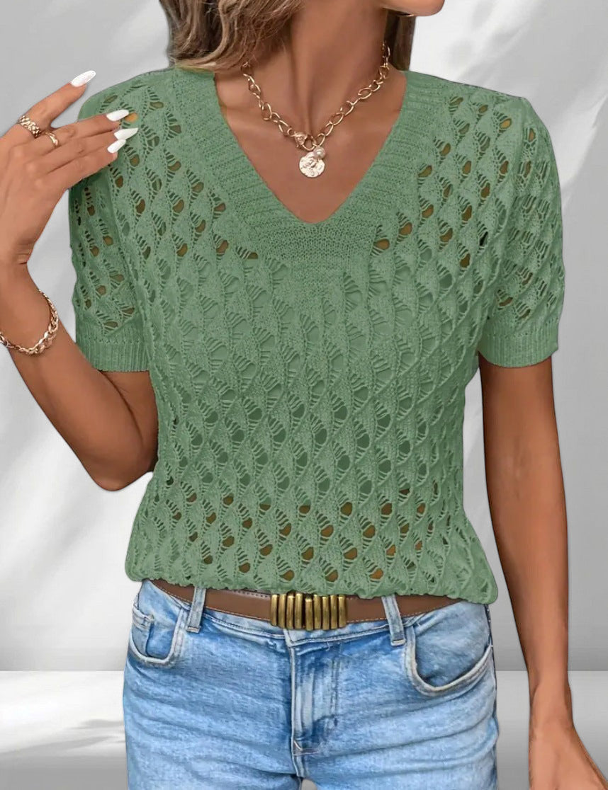 ZOFIA ATELIER olive green knitted V-neck short sleeve top with hollow-out details
