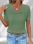ZOFIA ATELIER olive green knitted V-neck short sleeve top with hollow-out details