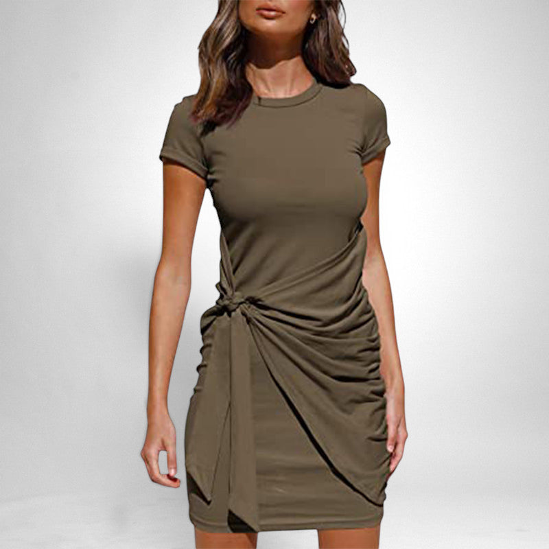 ZOFIA ATELIER olive green short-sleeve cotton blend dress with a tie-knot detail and ruched skirt.
