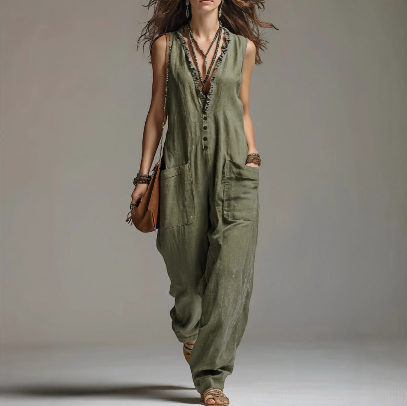 ZOFIA ATELIER olive green sleeveless lace trim jumpsuit with pockets and button front