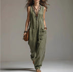 ZOFIA ATELIER olive green sleeveless lace trim jumpsuit with pockets and button front