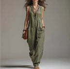ZOFIA ATELIER olive green sleeveless lace trim jumpsuit with pockets and button front
