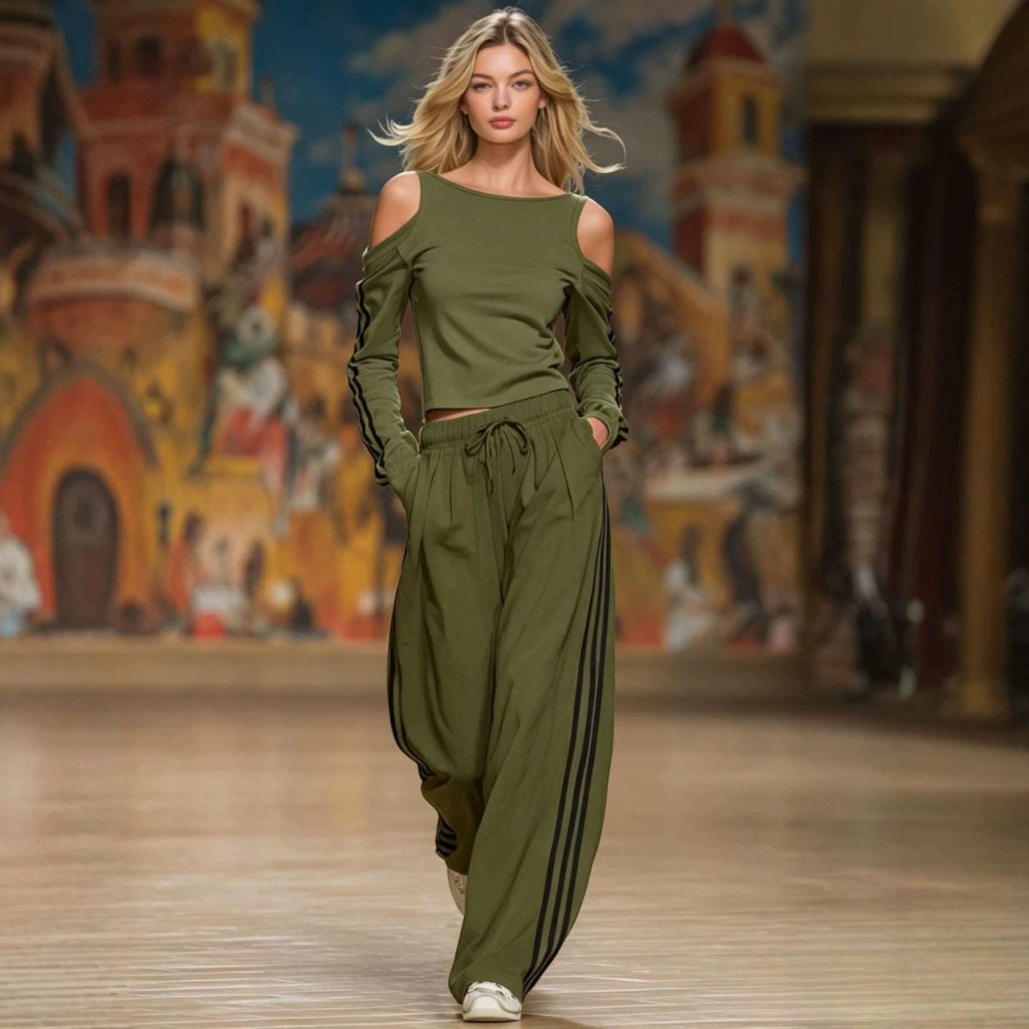 ZOFIA ATELIER off-shoulder long sleeve top and wide-leg pants set in olive green polyester with black stripe detail.