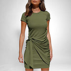 ZOFIA ATELIER olive green short-sleeve cotton blend dress with a tie-front detail and pleated skirt.