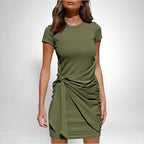 ZOFIA ATELIER olive green short-sleeve cotton blend ruched mini dress with tie detail