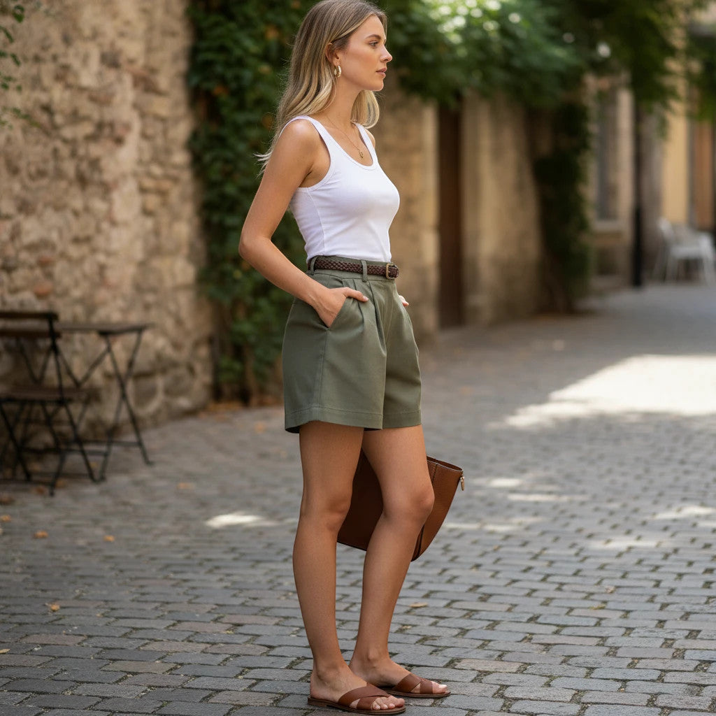 ZOFIA ATELIER olive green polyester loose straight-leg shorts with mid-rise waist and slight stretch.