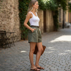 ZOFIA ATELIER olive green polyester loose straight-leg shorts with mid-rise waist and slight stretch.