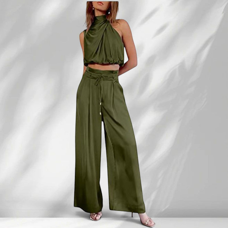 ZOFIA ATELIER olive green sleeveless halter neck crop top and wide-leg trousers set made of regenerated cellulose fiber.