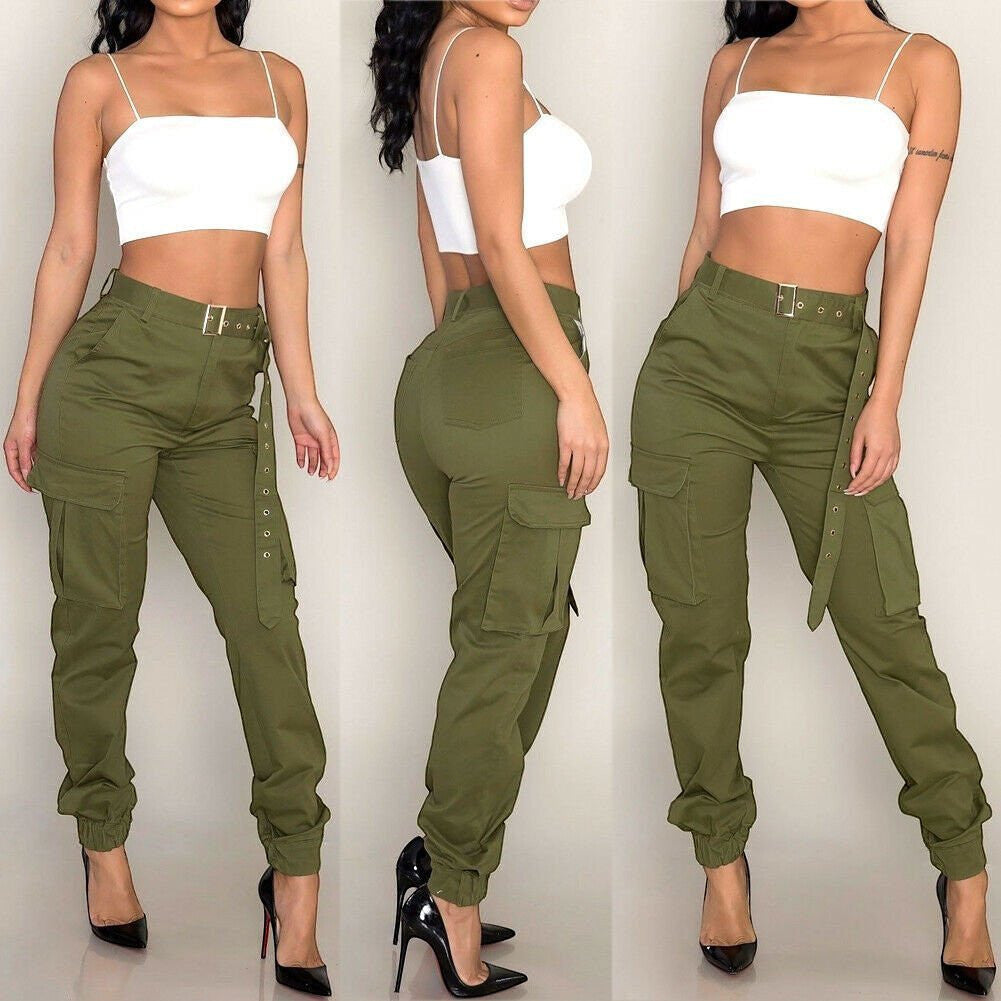ZOFIA ATELIER olive green slim-fit cargo overalls with high waist and belt detail