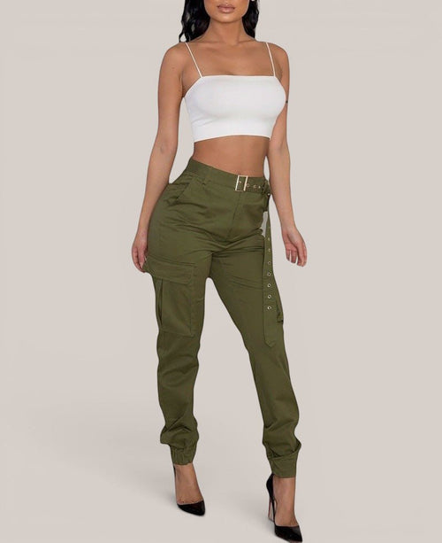 ZOFIA ATELIER olive green slim-fit cargo overalls with a high waist and belt detail.