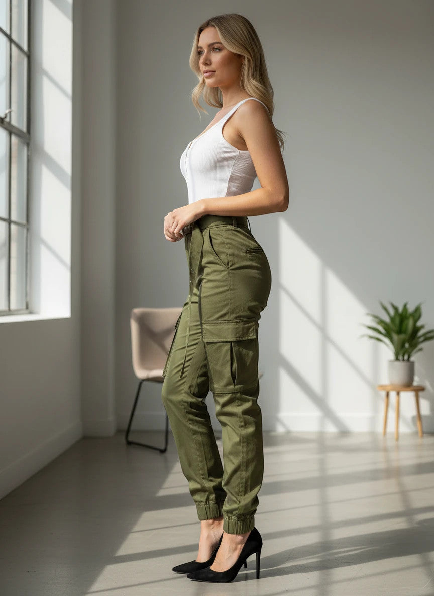 ZOFIA ATELIER olive green slim-fit cotton blend overalls with high waist and cargo pockets.