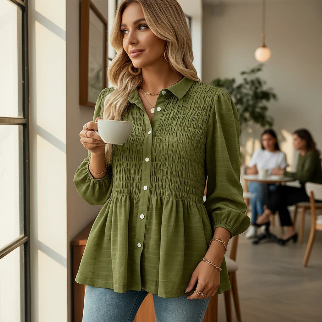 ZOFIA ATELIER olive green polyester button-down shirt with smocked bodice and puff sleeves