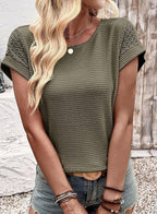 ZOFIA ATELIER olive green waffle knit crew neck short sleeve blouse with eyelet detail on sleeves.