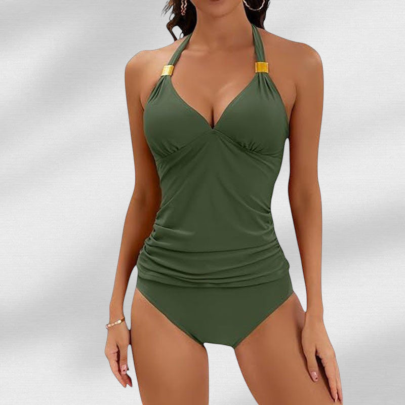 ZOFIA ATELIER olive green halter tie swim set with ruched sides and gold hardware detail.