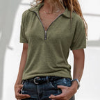 ZOFIA ATELIER olive green short sleeve casual top with zip detail and collar