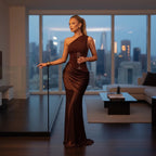 ZOFIA ATELIER elegant one-shoulder long brown polyester dress with ruching detail and high waist.
