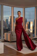 ZOFIA ATELIER elegant one-shoulder long red polyester evening dress with draped detailing.