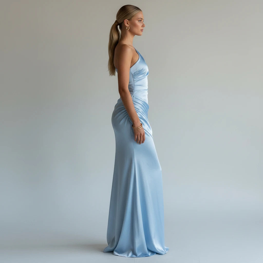 ZOFIA ATELIER light blue satin one-shoulder sleeveless long formal dress with ruched detailing.